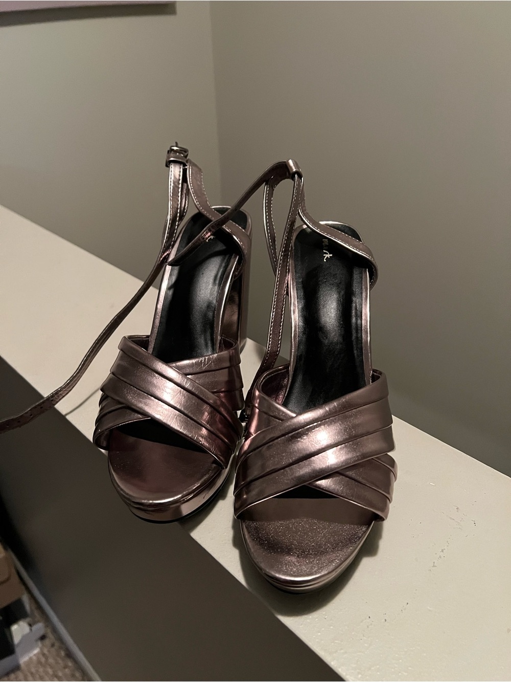 Metallic Gunmetal Intertwined Strap Platform Block Heels - Size 11